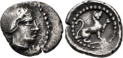 Greek LYCIA, Tlos. temp. Vekhssere II. Circa 400-380 BC. AR Hemiobol (8.5mm, 0.29 g, 3h). Head of Apollo right, wearing tainia / Lion seated right, raising forepaw. Müseler VII, 17. Toned, area of wea