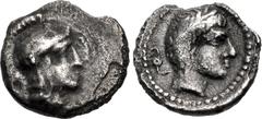 Greek LYCIA, Xanthos. temp. Vekhssere II. Circa 400-380 BC. AR Hemiobol (7.5mm, 0.24 g, 12h). Helmeted head of Athena right / Laureate head of Apollo right; diskeles behind neck. Müseler VII, 34. Tone