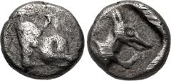 Greek LYCIA, Uncertain. 5th century BC. AR Hemiobol(?) (6mm, 0.29 g, 5h). Forepart of boar right / Head of dog right, wearing leash, within incuse square. Müseler –; Falghera –; SNG Copenhagen Supp. –