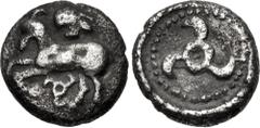 Greek DYNASTS of LYCIA. Kuprilli. Circa 480-440 BC. AR Diobol (10.5mm, 1.23 g). Limyra mint. Goat running left; above, head right; triskeles below / Triskeles. Mørkholm & Zahle –; cf. Müseler IV, 18 (