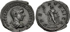 Roman Imperial Diadumenian. As Caesar, AD 217-218. AR Denarius (18.5mm, 2.71 g, 6h). Rome mint. 3rd emission of Macrinus, AD 218. Bareheaded and draped bust right / Spes advancing left, holding flower