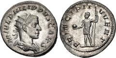 Roman Imperial Philip II. As Caesar, AD 244-247. AR Antoninianus (21mm, 4.82 g, 12h). Rome mint, 3rd officina. 5th emission of Philip I, AD 246. Radiate and draped bust right / Philip II standing left