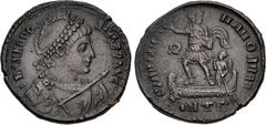 Roman Imperial Theodosius I. AD 379-395. Æ (22.5mm, 4.94 g, 6h). Antioch mint, 3rd officina. Struck AD 379-383. Pearl-diademed, helmeted, draped, and cuirassed bust right, holding spear and shield / E