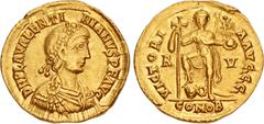 Roman Imperial Valentinian III. AD 425-455. AV Solidus (20.5mm, 4.45 g, 6h). Ravenna mint. Struck AD 426-circa 430. Rosette-diademed, draped, and cuirassed bust right / Valentinian III standing facing