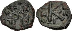 Byzantine Heraclius, with Heraclius Constantine. 610-641. Æ Half Follis (17.5mm, 3.04 g, 6h). Constantinople mint, 3rd officina. Dated RY 22 (631/2). Crowned facing figures of Heraclius, wearing milit