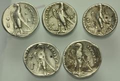 Large Lots GREEK. Levant & the Near East. Lot of five (5) Ptolemaic AR Tetradrachms. Includes: various control marks. Fine to VF, bankers marks. LOT SOLD AS IS, NO RETURNS. Five (5) coins in lot. From