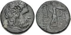 Greek KINGS of MACEDON. Demetrios I Poliorketes. 306-283 BC. Æ Unit (19mm, 7.31 g, 1h). Uncertain mint. Laureate head of Poseidon right; c/m: star within incuse circle / Athena Promachos striding righ