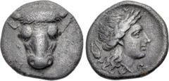Greek PHOKIS, Federal Coinage. Circa 352-351 BC. AR Triobol (14.5mm, 2.64 g, 12h). Phayllos, strategos. Facing head of bull / Laureate head of Apollo right; chelys to left. Williams 376 (O263/R227); B