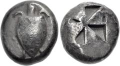 Greek ISLANDS off ATTICA, Aegina. Circa 510-490 BC. AR Stater (16mm, 12.17 g). Sea turtle, head in profile, [with thin collar and row of dots down its back] / Incuse square with mill-sail pattern. Mea