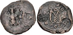 Byzantine Constans II. 641-668. Æ Follis (30.5mm, 10.67 g, 1h). Uncertain mint. Crowned facing figures of Heraclius, wearing military attire, holding long cross and resting hand on hip, and Heraclius 