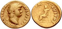 Nero. AD 54-68. AV Aureus (18mm, 7.05 g, 6h). Rome mint. Struck AD 65-68. Laureate head right / Jupiter Custos seated left, holding thunderbolt and scepter. RIC I 63; Calicó 413. Fine. This reverse ty