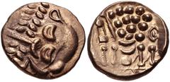 CELTIC, Durotriges. Uninscribed. Circa 65 BC-AD 45. Pale AV Stater (20mm, 5.84 g, 5h). Durotrigan E, Abstract (Cranborne Chase) type. Devolved head of Apollo right / Disjointed horse left; pellets abo