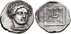 MACEDON, Amphipolis. 357/6 BC. AR Tetradrachm (26mm, 14.43 g, 7h). Head of Apollo facing slightly right, wearing laurel wreath, drapery around neck / AMΦ-IΠO-ΛIT-ΩN around raised linear square enclosi