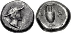 MACEDON, Kapsa. Late 5th-4th centuries BC. AR Diobol (10mm, 1.20 g, 5h). Head of Hermes right, wearing winged petasos / One-handled lekythos; K-A flanking. Unpublished. VF, toned. Although this type i