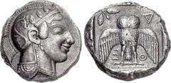 ATTICA, Athens. Circa 469/5-460 BC. AR Dekadrachm (31mm, 42.69 g, 2h). Head of Athena right, wearing single-pendant earring, necklace, and crested Attic helmet decorated with three olive leaves over v