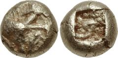 IONIA, Uncertain. Circa 650-600 BC. EL Hemihekte – 1/12 Stater (7mm, 1.20 g). Milesian standard. Figural-on-striated type. Crude chimaira(?) right on striated background / Square punch with raised lin