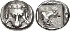 ISLANDS off IONIA, Samos. Circa 453/2-440/39 BC. AR Tetradrachm (23mm, 12.99 g, 6h). Samian standard. Dated CY 5 (449/8 BC). Facing lion scalp / Forepart of ox right; olive branch to left, ΣA above, E