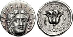 ISLANDS off CARIA, Rhodos. Rhodes . Circa 250-229 BC. AR Didrachm (19mm, 6.70 g, 12h). Mnasimachos, magistrate. Radiate head of Helios facing slightly right / Rose in profile, bud to right; MNAΣIMAXOΣ