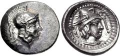 DYNASTS of LYCIA. Uncertain dynast. Late 5th-early 4th centuries BC. AR Diobol (13mm, 1.12 g, 6h). Tlos mint. Head of Athena right, wearing crested Attic helmet / Head of Hermes right, wearing winged 