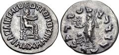 INDO-SKYTHIANS. Maues, with Machene. Circa 125-85 BC. AR Tetradrachm (27mm, 8.91 g, 12h). BACIΛICCHC ΘEOTPOΠOY MAXHNHC, Tyche, wearing mural crown, enthroned right, feet on footstool, holding torque i
