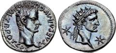 Gaius (Caligula), with Divus Augustus. AD 37-41. AR Denarius (18mm, 3.77 g, 7h). Lugdunum (Lyon) mint. 1st emission, AD 37. C • CAESAR • AVG • GERM • P • M • TR • POT COS, bare head of Gaius (Caligula