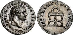 Titus. AD 79-81. AR Denarius (18mm, 3.61 g, 6h). Rome mint. Struck January-June AD 80. IMP TITVS CAES VESPASIAN AVG P M, laureate head right / TR P IX IMP XV COS VIII P P, pulvinar (throne) of Mars an