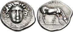 Greek THESSALY, Larissa. Circa 400-370 BC. AR Drachm (20mm, 6.13 g, 6h). Head of the nymph Larissa facing slightly right / Horse grazing right. L-S Group 5, Head Type 24, dies O116/R1, g (this coin); 