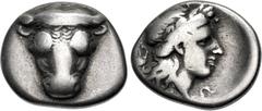 Greek PHOKIS, Federal Coinage. Circa 352-351 BC. AR Triobol (14.5mm, 2.61 g, 12h). Phayllos, strategos. Facing head of bull / Laureate head of Apollo right; chelys to left. Williams 390 (O263/R231); B