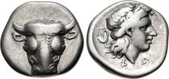 Greek PHOKIS, Federal Coinage. Circa 352-351 BC. AR Triobol (14.5mm, 2.61 g, 12h). Phayllos, strategos. Facing head of bull / Laureate head of Apollo right; chelys to left. Williams – (O266/R231 [unli