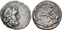 Greek ACHAIA, Achaian League. Antigoneia (Mantinea). Circa 188-180 BC. AR Triobol or Hemidrachm (16mm, 2.39 g, 7h). Laureate head of Zeus right / League monogram; A–N across field, EY below; all withi