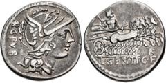 Roman Republican L. Sentius C.f. 101 BC. AR Denarius (19mm, 3.86 g, 11h). Rome mint. Helmeted head of Roma right / Jupiter, holding scepter, reins, and thunderbolt, driving galloping quadriga right; K