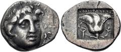 Greek ISLANDS off CARIA, Rhodos. Rhodes. Circa 170-150 BC. AR Hemidrachm (13mm, 1.35 g, 12h). 'Plinthophoric' coinage. Athanodoros, magistrate. Radiate head of Helios facing slightly right / Rose with