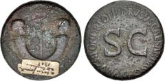 Roman Imperial Tiberius & Germanicus Gemellus. AD 19-37/8 and 19-23/4, respectively. Æ Sestertius (33mm, 25.87 g, 6h). Rome mint. Struck under Tiberius, AD 22-23. Crossed cornucopia, each surmounted b