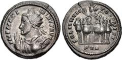 Roman Imperial Maximinus II. AD 310-313. "BI Pseudo-Argenteus" – Follis (18mm, 2.91 g, 12h). Treveri (Trier) mint, 1st officina. Radiate, draped, and cuirassed half-length bust left, raising hand and 