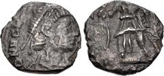 Early Medieval VANDALS. Pseudo-Imperial coinage. Circa 440-490. AR Half Siliqua (11mm, 0.76 g, 5h). In the name of Honorius (AD 395-423). D N HO[NORI VS P(...)ΛVG], diademed, draped, and cuirassed bus