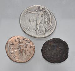 Large Lots MIXED. Greek - Roman Imperial. Lot of three (3) mostly silver issues. Includes: Greek: Pamphylia, Side. AR Tetradrachm // Roman Imperial: Volusian. AR Antoninianus // Constantine I. London 
