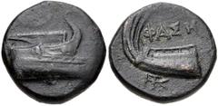 LYCIA, Phaselis. Circa 250-221/0 BC. Æ (17mm, 5.16 g, 9h). Prow of a galley right / Stern of galley right; monogram below. Heipp-Tamer B-20; SNG Copenhagen 122 var. (no monogram). VF, dark green patin