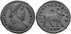Julian II. AD 360-363. Æ (28mm, 8.33 g, 6h). Cyzicus mint, 2nd officina. Pearl and rosette-diademed, draped, and cuirassed bust right / Bull standing right; two stars above; CYZB. RIC VIII 127 var.; L