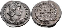 Constantius II. AD 337-361. AR Siliqua (19mm, 2.04 g, 12h). Sirmium mint. Struck AD 351-355. Pearl-diademed, draped, and cuirassed bust right / VOTIS/ XXX/ MVLTIS/ XXXX in four lines within wreath; SI