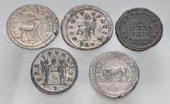 Large Lots ROMAN. Imperial. Lot of five (5) 3rd Century Antoniniani. Includes: Philip I. AR Antoninianus (2) // Tacitus. Antoninianus // Divus Carus. Antoninianus // Carinus. Antoninianus. Average VF.