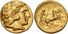 Greek CALABRIA, Tarentum. Circa 281-276 BC. AV Stater (18.5mm, 8.55 g, 12h). Youthful head of Herakles right, wearing lion skin / Taras(?), holding reins in right hand, trident in left, driving fast b