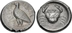 Greek SICILY, Akragas. Circa 465/0–445/0 BC. AR Tetradrachm (25mm, 17.31 g, 7h). Sea eagle standing left; AKRAC-ANTOΣ (partially retrograde) around / Crab within incuse circle. Westermark, Coinage, Pe