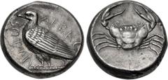Greek SICILY, Akragas. Circa 465/0–445/0 BC. AR Tetradrachm (24mm, 17.06 g, 9h). Sea eagle standing left; AKRAC-ANTOΣ (partially retrograde) around / Crab within shallow incuse circle. Westermark, Coi