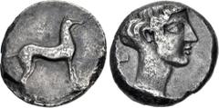 Greek SICILY, Motya. Circa 410-405 BC. AR Didrachm (20mm, 7.70 g, 10h). Hound standing right / Head of female right; ivy leaf to left, [mṭv' (in Punic) to right]. Jenkins, Punic 27 (O13/R16); Campana 