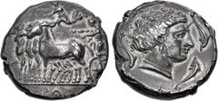 Greek SICILY, Panormos (as Ziz). Circa 360-340 BC. AR Tetradrachm (26mm, 16.55 g, 6h). Charioteer, holding reins in both hands, driving slow quadriga left; above, Nike flying left, crowning horses wit