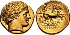 Greek KINGS of MACEDON. temp. Philip II – Alexander III. Circa 340/36-328 BC. AV Stater (18mm, 8.59 g, 12h). In the name and types of Philip II. Pella mint. Head of Apollo right, wearing laurel wreath