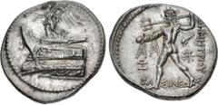 Greek KINGS of MACEDON. Demetrios I Poliorketes. 306-283 BC. AR Tetradrachm (28mm, 17.26 g, 1h). Pella mint. Struck circa 294-293 BC. Nike standing left on prow of galley left, blowing trumpet she hol