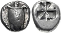 Greek ISLANDS off ATTICA, Aegina. Circa 525/0-500 BC. AR Stater (18mm, 12.16 g). Sea turtle, head in profile, with thin collar and row of dots down its back / Incuse square with "Union Jack" pattern. 