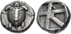 Greek ISLANDS off ATTICA, Aegina. Circa 480-457 BC. AR Stater (20.5mm, 12.24 g, 1h). Sea turtle, head in profile, with 'T-back' design on shell / Large square incuse with skew pattern. Meadows, Aegina