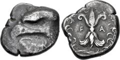 Greek ELIS, Olympia. 93rd Olympiad. 408 BC. AR Stater (23mm, 11.82 g, 3h). Head of eagle left; below, ivy leaf left / Thunderbolt, with wings above and volutes below; F-A flanking; all within olive wr